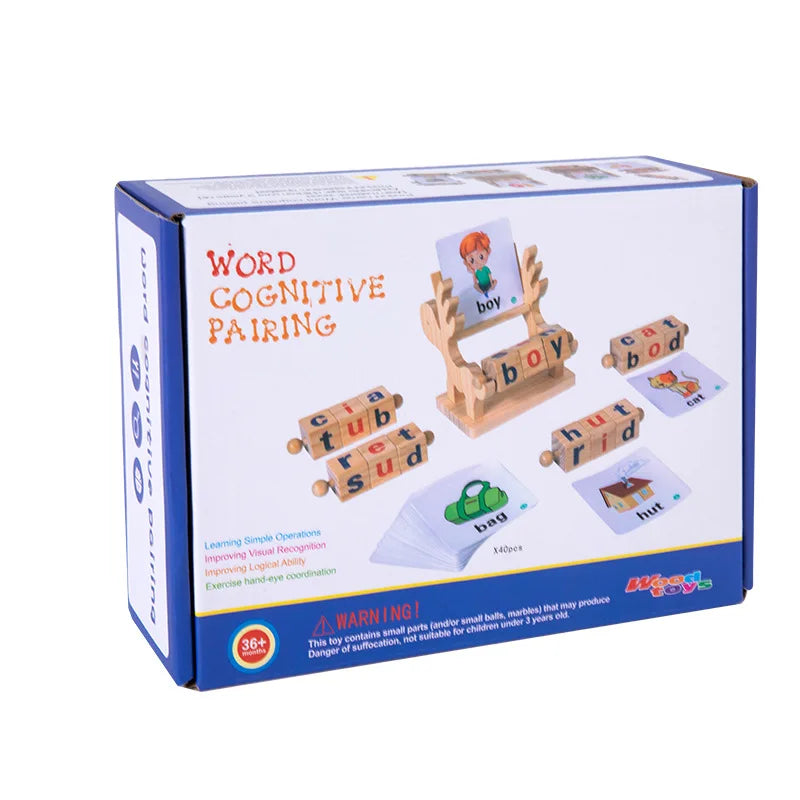 Words Spelling Game Set Fawn Toy, Vowel Letter Pairing, Cognitive Early Education Wooden Reading Blocks With Flashcards