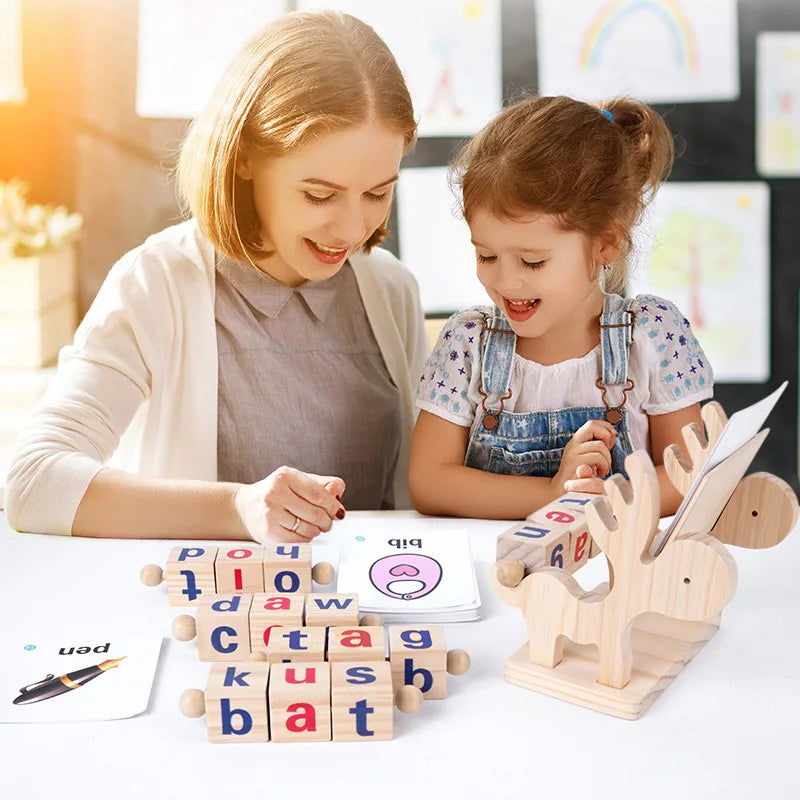 Words Spelling Game Set Fawn Toy, Vowel Letter Pairing, Cognitive Early Education Wooden Reading Blocks With Flashcards
