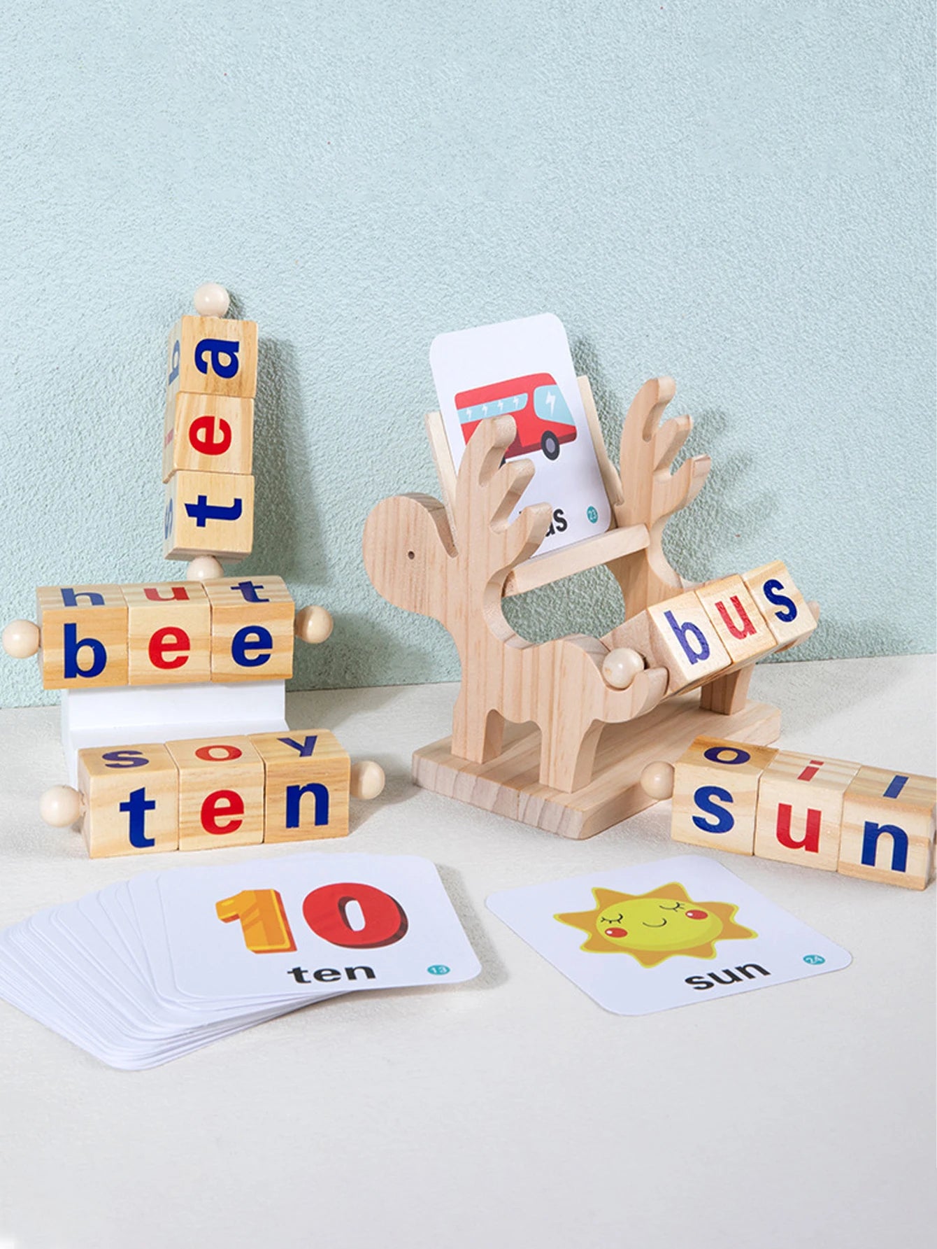 Words Spelling Game Set Fawn Toy, Vowel Letter Pairing, Cognitive Early Education Wooden Reading Blocks With Flashcards