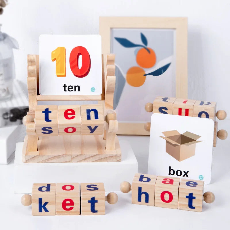 Words Spelling Game Set Fawn Toy, Vowel Letter Pairing, Cognitive Early Education Wooden Reading Blocks With Flashcards